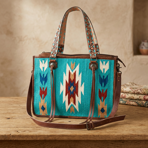 Sac à bandoulière pour femme en cuir véritable fait main, style couverture de selle aztèque, avec sangle brodée, franges et pompons, fermeture éclair sécurisée, idéal pour les voyages - Product Image 3