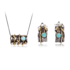 Tree Trunk Turquoise 925 Sterling Silver Black Rhodium Jewelry Sets