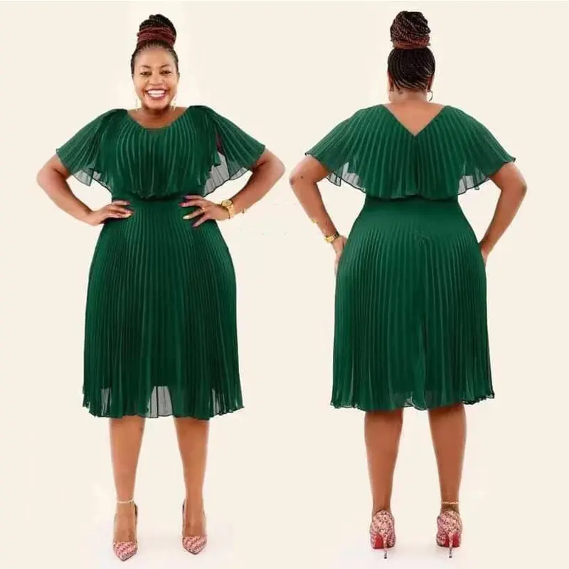 2022 New Fashion Plus Size Women's Dresses Spring Summer Short Sleeve Lady Long Green Chiffon Dresses Pleated Dress