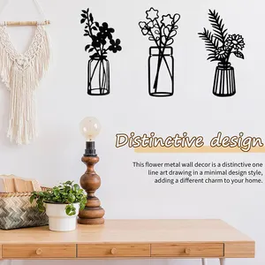 MR Classic Style Metal Black Wire Iron Flower Wall Decor Minimalist Vase Wall Art Floral Wall Sculpture for House Decor