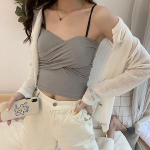 Top Crop da Donna in <span class=keywords><strong>Cotone</strong></span> Senza Maniche con Incrocio sul Petto e Imbottitura, Stile Aderente alla Moda - Product Image 6