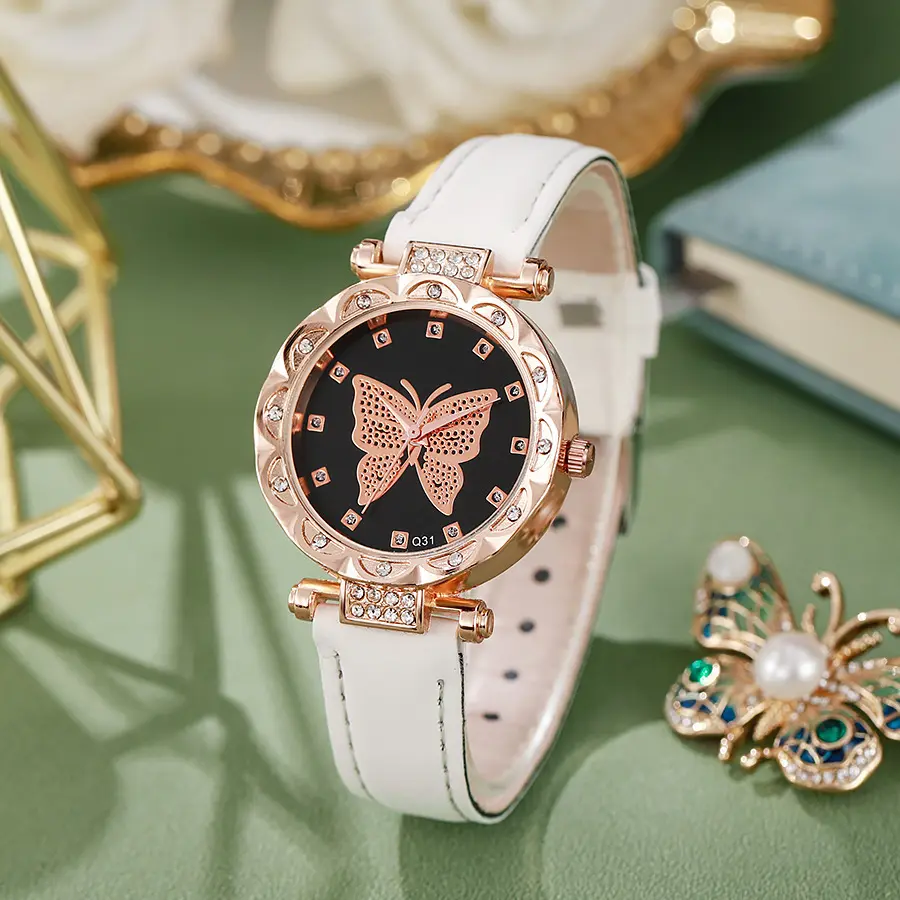 Nouveau design répertorié montre en cuir abrasif série papillon strass fabricants de montres féminines ventes directes