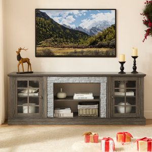 Meuble TV moderne de 70 pouces avec rangement à 2 portes, console multimédia en faux pierre, grand centre de divertissement gris - Product Image 1