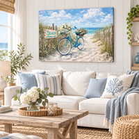 Tableau mural en toile Vélo de plage côtier Décoration marine pour salon, chambre, salle de bain Échantillons OEM ODM prêts en moins d'une journée