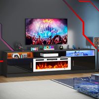 Meuble TV Kalsubo 78 pouces noir et blanc avec prise électrique et éclairage LED. Il possède des armoires de rangement et convient aux téléviseurs jusqu'à 90 pouces.