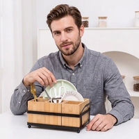Boîte à ustensiles en bois, support de rangement pour couverts de cuisine, design en fer forgé, rangement pour couteaux, fourchettes, baguettes, organisateur de compartiments pour fournitures scolaires