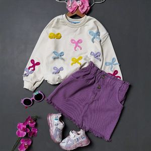 Conjunto de Dos Piezas para Niñas, Top de Manga Larga y Minifalda con Lazo Bordado, Vestido Casual de Pana para Otoño - Product Image 3