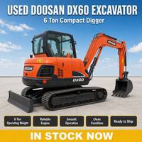 Vente Flash : Excavatrice sur chenilles Doosan DX60 d'occasion, 6 tonnes, système hydraulique complet, bon état, livraison rapide, expédition mondiale