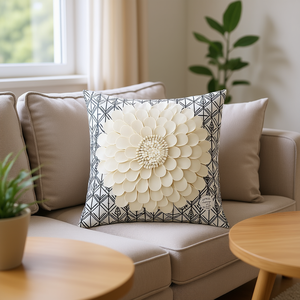 Funda de Almohada Cuadrada de 45cm, Diseño Floral Geométrico Crema, 100% Algodón, Funda de Cojín 3D para Decoración del Hogar - Product Image 2