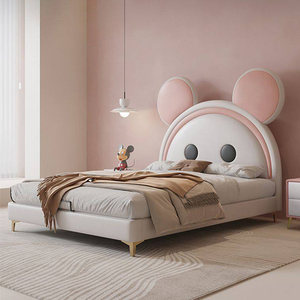 Cama Infantil con Forma de Ratón de Dibujos Animados, Cama Tapizada de Alta Gama para Niños, Diseño Moderno, Juego de Cama Doble de Madera Blanca y Rosa - Product Image 3