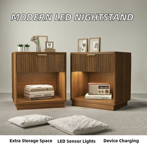 Mesita de Noche Inteligente de Madera con Luz LED con Sensor, Puerto de Carga USB, Mesa Auxiliar Acanalada, Muebles Modernos para Dormitorio - Product Image 2