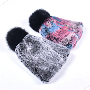 Chapeau tricoté pour <span class=keywords><strong>femme</strong></span> automne-hiver 2021 avec pompons en vraie <span class=keywords><strong>fourrure</strong></span> de lapin Rex et de renard, élastique robuste, vente en gros, idéal pour les fêtes - Product Image 1