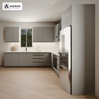 Meuble de cuisine stratifié, aménagement en L minimaliste, unités sur mesure, boîtes de rangement en contreplaqué et tiroirs à fermeture amortie