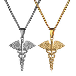 القلادة المتدلية التي تصور الرب الإغريقي كادوسيوس، هدية الطبيب والممرضة، مجوهرات مقاومة للماء من الفولاذ المقاوم للصدأ، قلادة رجالية على شكل جناح ملاك - Product Image 1