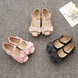 Zapatos de vestir de princesa para niña, moda de verano y otoño, bonitos zapatos coreanos de baile de cuero PU con lazo, zapatos informales para niña B1