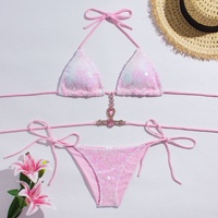 Ensemble bikini 2 pièces à sequins, haut triangle licou avec chaîne en strass, tenue de plage scintillante pour femme, vente en gros, maillot de bain personnalisé
