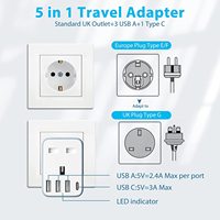 Adaptateur de prise UK vers Europe, adaptateur de voyage avec mise à la terre, 3 ports USB-A, 1 port USB-C, 16A SDK pour l'Europe (Allemagne/France)