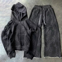 Ensemble Survêtement Personnalisé Guépard Imprimé Léopard Lavage à l'Acide Zip up Distressed Vintage Oversized Flare Pantalon de Survêtement et Sweat à Capuche
