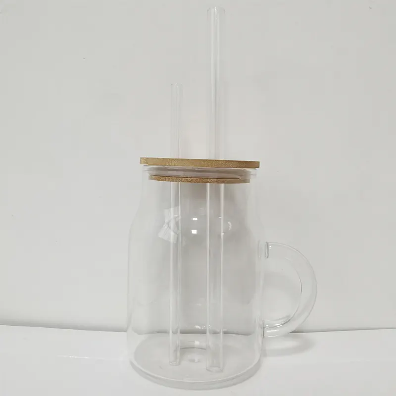 RubySub-taza de té de leche de doble agujero, jarra de vidrio de sublimación con mango y tapa de Bambú