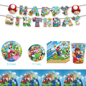 Joli jeu <span class=keywords><strong>Mario</strong></span> <span class=keywords><strong>Bros</strong></span> SUPER MARl* Vaisselle de fête d'anniversaire pour enfants Bannière joyeux anniversaire Décoration de gâteau Ballons Cuillère Fourchette Assiettes Gobelets - Product Image 2