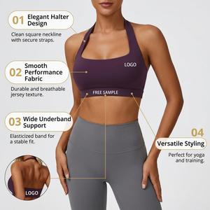 Premium Plum Halter Sports <b>Bra</b> with Square Neckline <b>Open</b> Back and High Stretch Fabric for Yoga Pilates and Activewear Brands - Product Image 5
