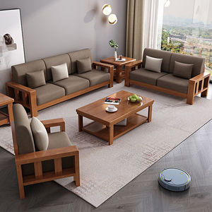 Hengke Furniture Solid Wood Sofa Set 3+2+1 Modular Living Room Fabric Sofa <b>Walnut</b> Beech Color - Product Image 3