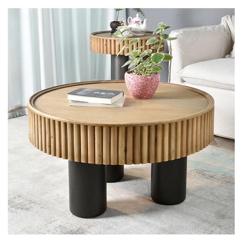 New arrivals pastoral style living room furniture rustic round wood carved coffee table with 3 legs