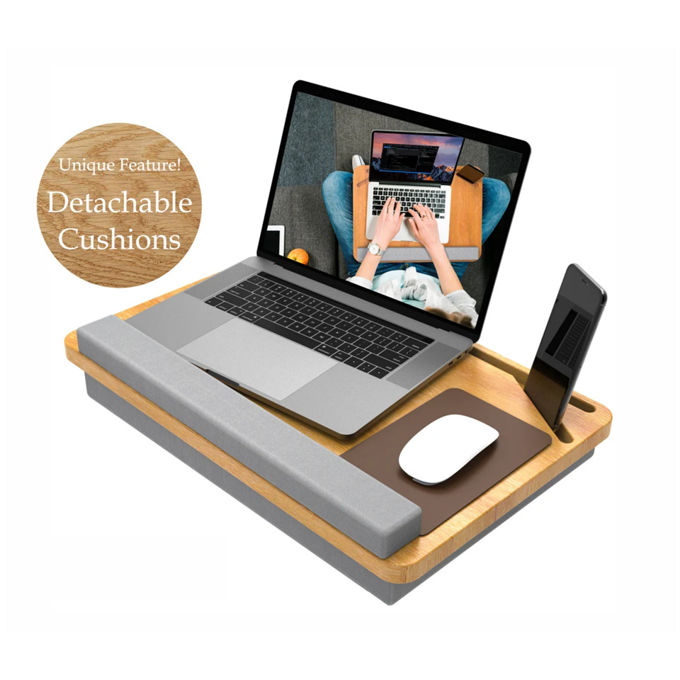 Lap Desk Potuopy - Up To 17" Laptop Tray With Wrist Rest, Portable Handle, Fixed Mouse Pad, Tablet & Phone Slots, With Cushion (Black Laptop Stand For Bed