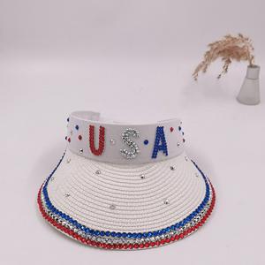 Femmes Été Extérieur Protection Solaire Large Bord Plage Lettres Drapeau Américain Strass Cristaux Visière Chapeau de Paille avec Pierres - Product Image 5