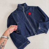Veste en jean vintage personnalisée pour homme, délavage clair, col montant, fermeture éclair, broderie étoile rouge, coupe courte, style streetwear décontracté, usine OEM ODM