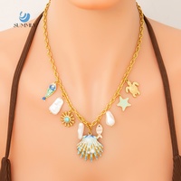 SUMMLY Collier multi-breloques plaqué or 18 carats, thème océan, coquillage, tortue, étoile de mer, poisson, perle, bijoux bohèmes pour femme, cadeau de plage