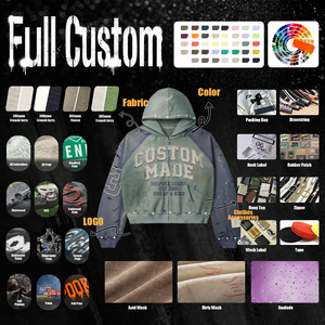 남성용 빈티지 워싱 후드티 커스텀 스트릿웨어 디스트레스드 선페이드 남성용 라인스톤 자수 패치워크 지퍼업 후드티 - Product Image 5