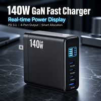 Bloc chargeur GaN 140W avec affichage numérique de la puissance, adaptateur secteur multi-ports PD QC, chargeur de voyage compact pour ordinateurs portables et téléphones