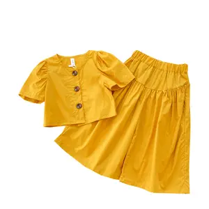 2022夏季女婴服装2pcs套儿童短袖上衣加 + 宽腿裤套装时尚童装套装