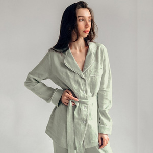 Rắn màu ngủ phụ nữ bán buôn bông đồ ngủ thiết lập phù hợp cổ áo mềm 100% cotton dệt đồng bằng nhuộm mục Chứng Khoán 25 ngày - Product Image 2