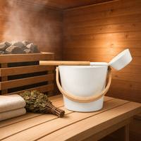 Ember Sauna Aluminium Putih Custom Logo Grosir dengan Gagang Bambu dan Set Sendok, Aksesoris Sekop Air SPA Nordik