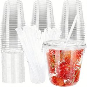 Vasos Desechables para Mascotas de 400 ml con Tapas Planas y Pajitas, Vasos Transparentes de Plástico para Fiestas, Cumpleaños, Bodas, Eventos Navideños - Product Image 1