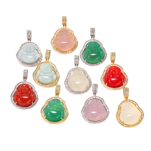 Collier pendentif Bouddha en agate jade rose vert rouge <span class=keywords><strong>glacé</strong></span> Hip Hop avec cordon, plaqué argent CZ, cadeau de fiançailles, bijoux pour femmes et hommes - Product Image 1