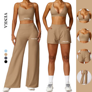 2024 donna 2 pezzi tuta palestra bella <span class=keywords><strong>canotta</strong></span> <span class=keywords><strong>reggiseno</strong></span> sportivo posteriore con tasche pantaloncini pantaloni da donna a coste Fitness Yoga set - Product Image 1