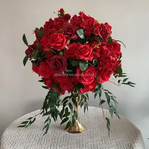 Buket bunga Hydrangea buatan, hiasan pernikahan tengah meja, bola bunga pengaturan mawar merah
