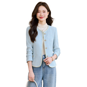 <b>Women's</b> <b>Tweed</b> Blazer Coat Blue Checkered Pattern Vintage Style Short <b>Jacket</b> For <b>Women</b> Autumn Winter Wear - Product Image 5