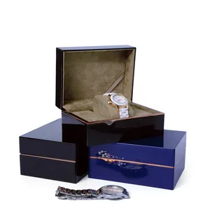 SUNDO Wholesale high-end luxury black blue piano lacquered velvet + wood watch box led light travel box watch