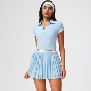 Traje de tenis de secado rápido con cuello en V para mujer, ropa deportiva de verano transfronteriza, Top de manga corta ajustado, falda delgada, pantalones elegantes - Product Image 5