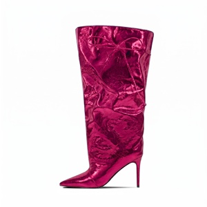 Metallic PU Slouchy Knee High <strong>Boots</strong> for Women Wide Calf Pointed Toe Stiletto Heel 8.5CM Drawstring Pull on Plus Size 35-47 - Product Image 5