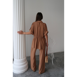 ชุดเสื้อเชิ้ตผ้าลินินและกางเกงขายาวสีน้ำตาลเอวผูกเชือก ชุดผู้หญิงไซส์ S - Product Image 1