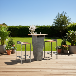 Ensemble de bar de jardin en rotin gris avec repose-pieds, mobilier de bar contemporain, plateau carré en teck, structure en métal - Product Image 2