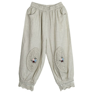 Harem Pants Cotton Linen Cropped With Lace Embroidery Floral Applique Women's Casual Pants Mid Waist Breathable Summer Style - Product Image 5