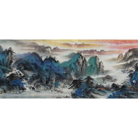 Grande Peinture Paysagère Traditionnelle Chinoise Bleu-Vert Peinte à la Main Lingfeng Art Gallery sur Papier Xuan, Style Encre Lavée, pour Salon et Hôtel