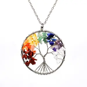 Handmade Healing Crystal Tree of Life Necklace 7 Chakra Necklace Rainbow Necklace Relieve Anxiety, Chakra Repair Crystal Jewelry