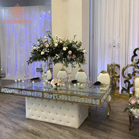 Table de mariage rectangulaire moderne avec plateau en verre, structure en acier inoxydable doré, tables de réception de mariage de luxe en cristal